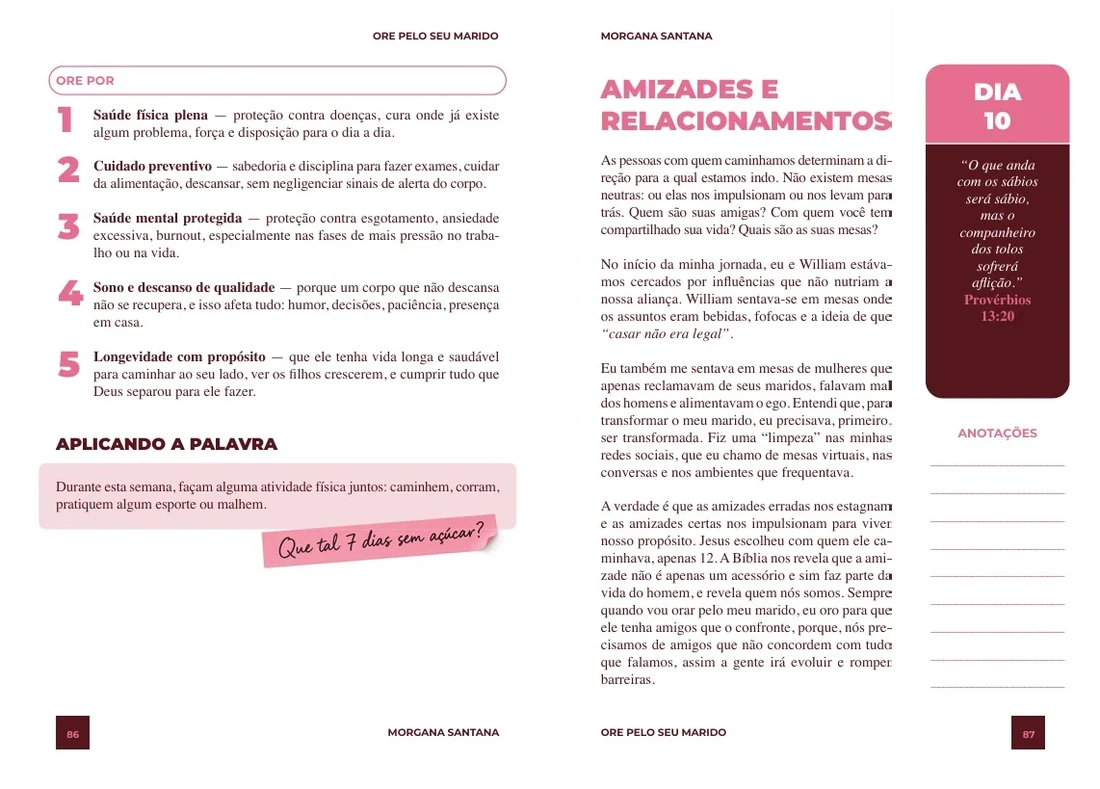 Páginas dos Dias 9 e 10: à esquerda, a lista Ore por, com cinco itens, e a seção Aplicando a palavra com um post-it; à direita, o título Amizades e relacionamentos, o texto do dia, a caixa do Dia 10 e o espaço para anotações
